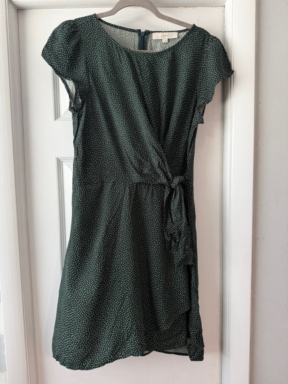 LOFT Dark Green Polka Dot Tie-Waist Mini Dress - size 8